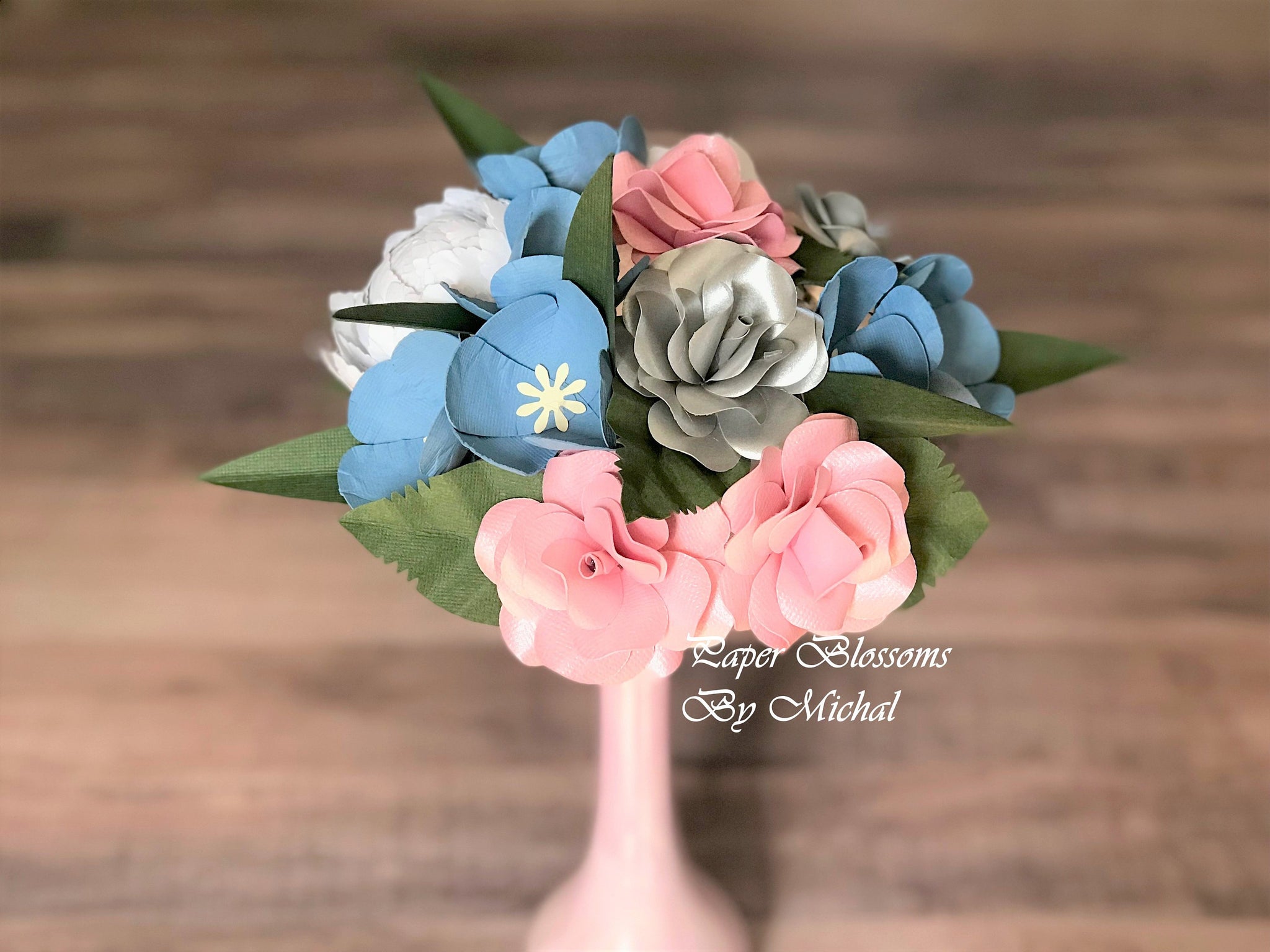Dusty Blue and Pink Paper Flower Bouquet – Paper Blossoms By Michal, LLC